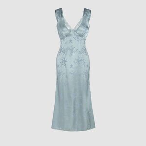 CIDER BLUE SATIN FLORAL TRIM LACE DRESS